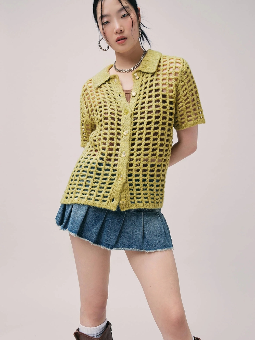 BDG Chartreuse Open-Knit Button-Down Short Sleeve Top